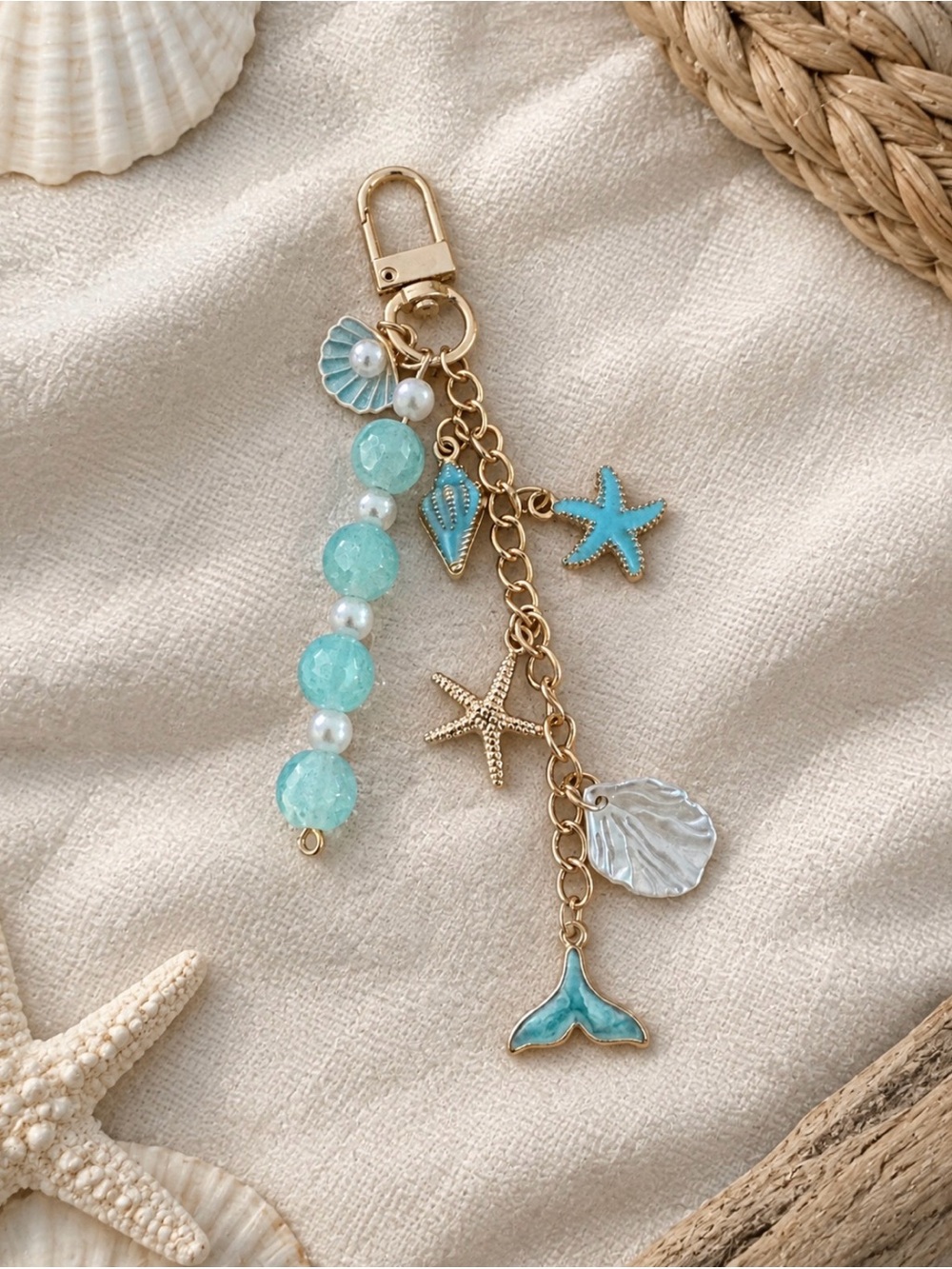 Coastal Mermaid Charm Keychain | Blue Beaded Seashell & Starfish Bag Charm